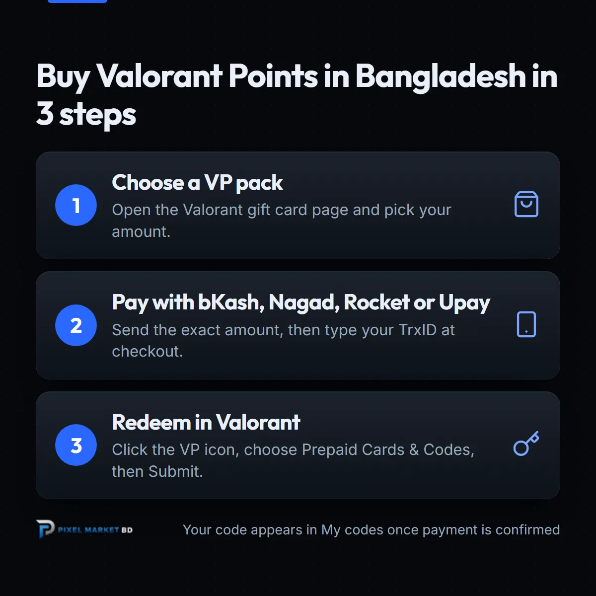 Three steps to buy Valorant Points in Bangladesh: choose a VP pack, pay with bKash, redeem in Valorant