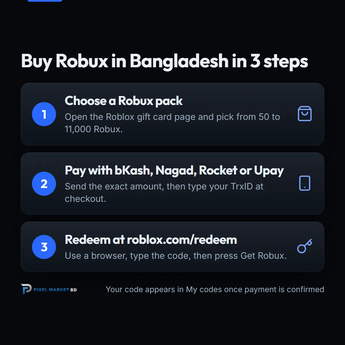 Three steps to buy Robux in Bangladesh: choose a pack, pay with bKash, redeem the code