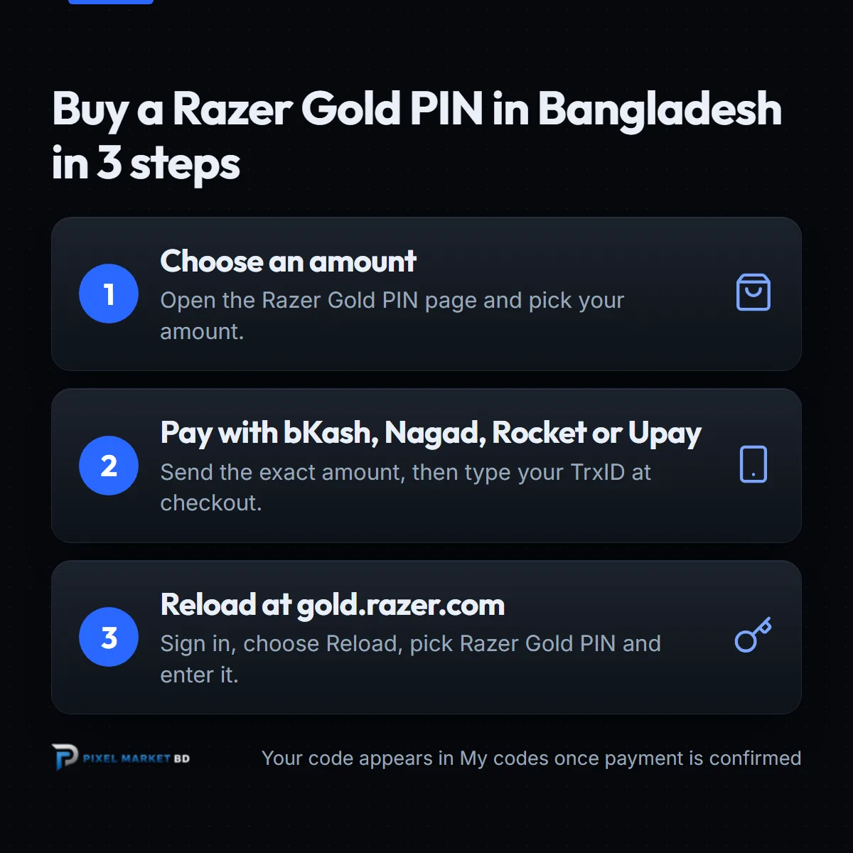 Three steps to buy a Razer Gold PIN in Bangladesh: choose an amount, pay with bKash, reload at gold.razer.com
