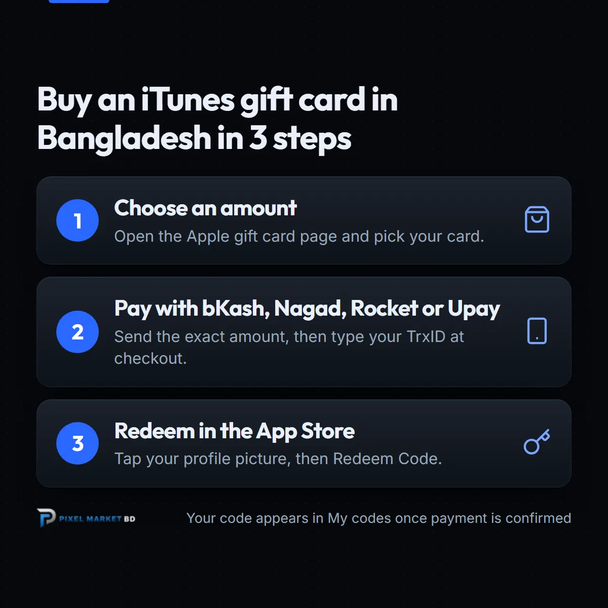 Three steps to buy an iTunes gift card in Bangladesh: choose an amount, pay with bKash, redeem in the App Store