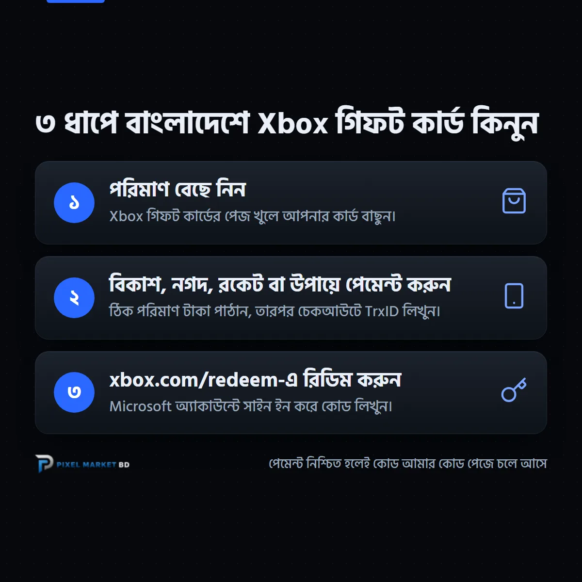 বাংলাদেশে Xbox গিফট কার্ড কেনার ৩টি ধাপ: পরিমাণ বাছুন, বিকাশে পেমেন্ট করুন, xbox.com/redeem-এ রিডিম করুন