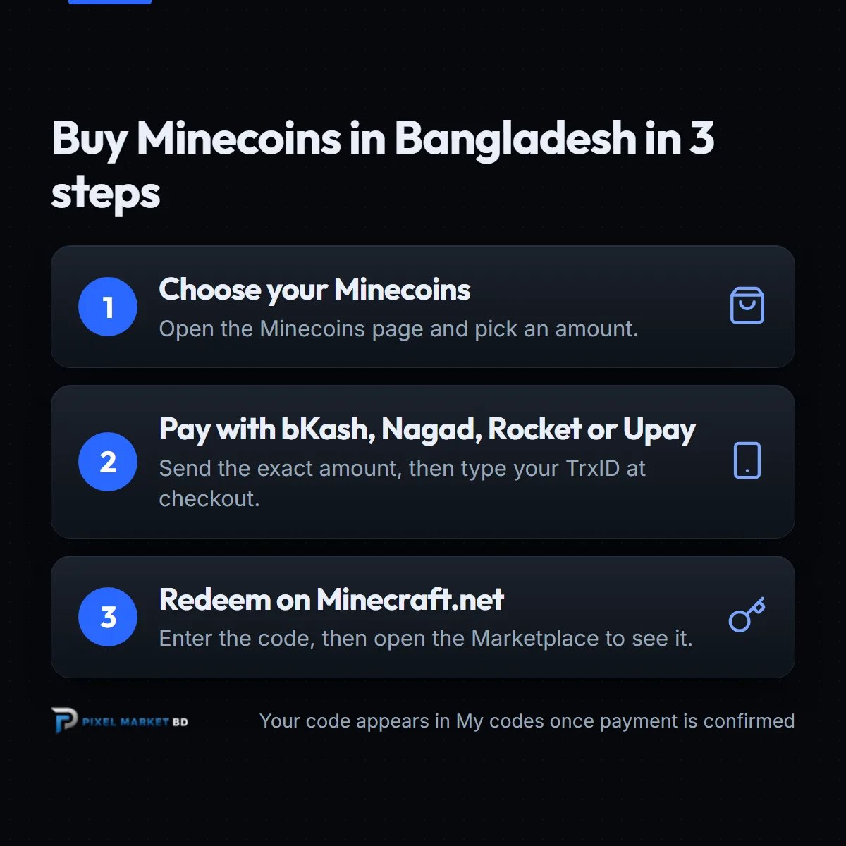 Three steps to buy Minecoins in Bangladesh: choose your Minecoins, pay with bKash, redeem on Minecraft.net