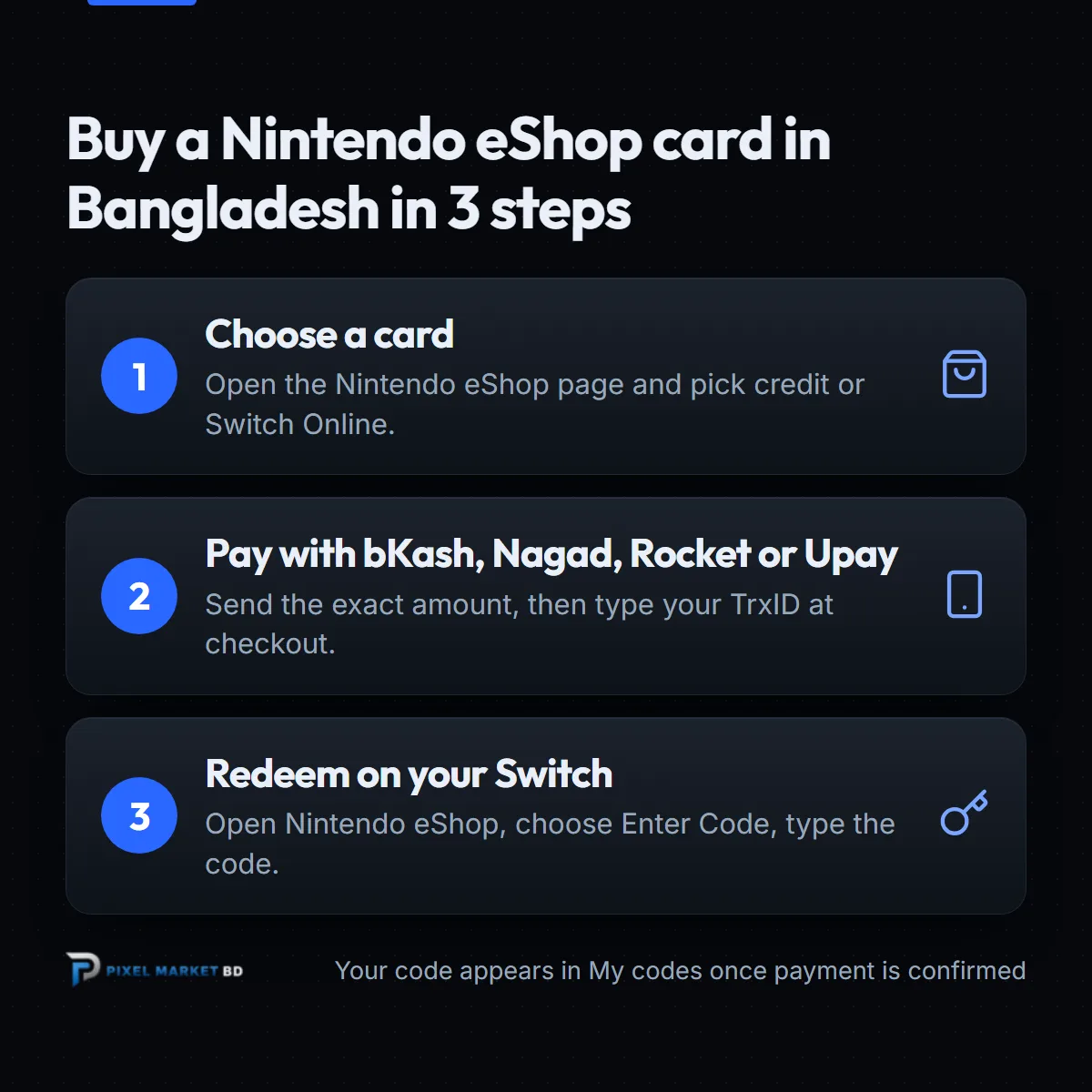 Three steps to buy a Nintendo eShop card in Bangladesh: choose a card, pay with bKash, redeem with Enter Code on your Switch