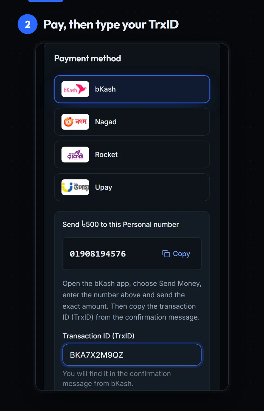 Checkout on a phone: bKash is selected, the number to send money to is shown with a Copy button, and a TrxID is typed in