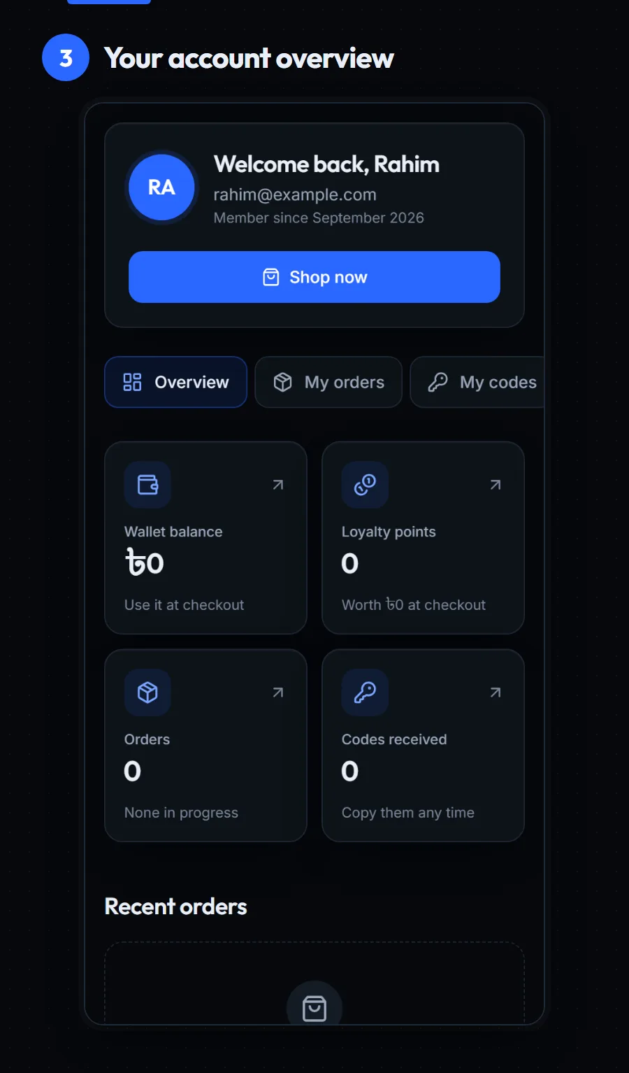 Pixel Market BD account overview on a phone: Welcome back header, then tiles for Wallet balance, Loyalty points, Orders and Codes received