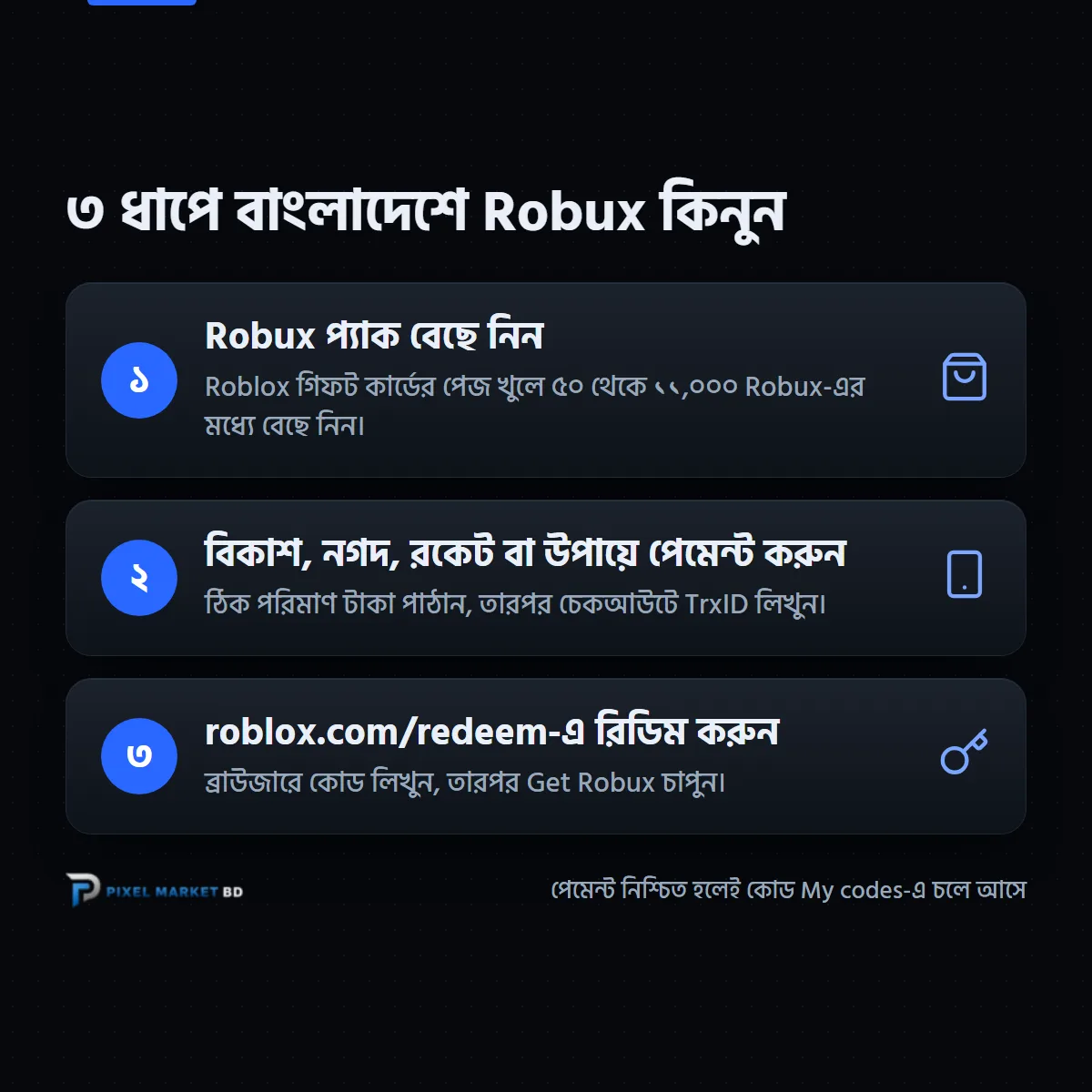 বাংলাদেশে Robux কেনার তিন ধাপ: প্যাক বেছে নিন, বিকাশে পেমেন্ট করুন, কোড রিডিম করুন