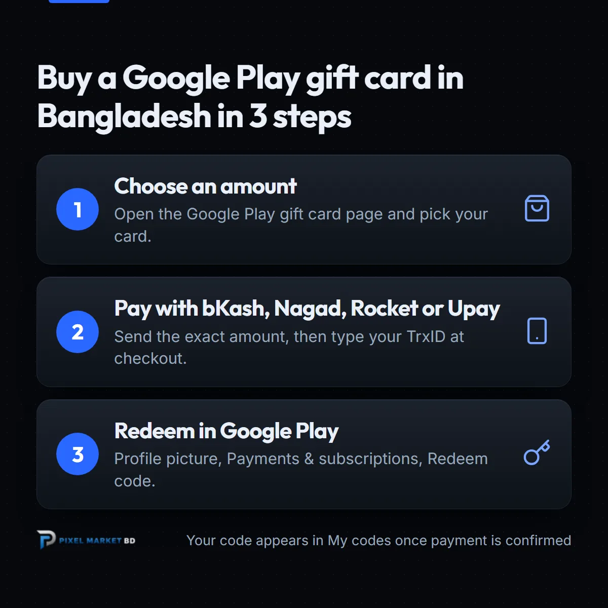 Three steps to buy a Google Play gift card in Bangladesh: choose an amount, pay with bKash, redeem in Google Play