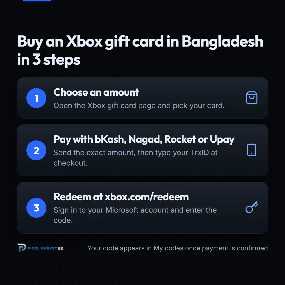 Three steps to buy an Xbox gift card in Bangladesh: choose an amount, pay with bKash, redeem at xbox.com/redeem