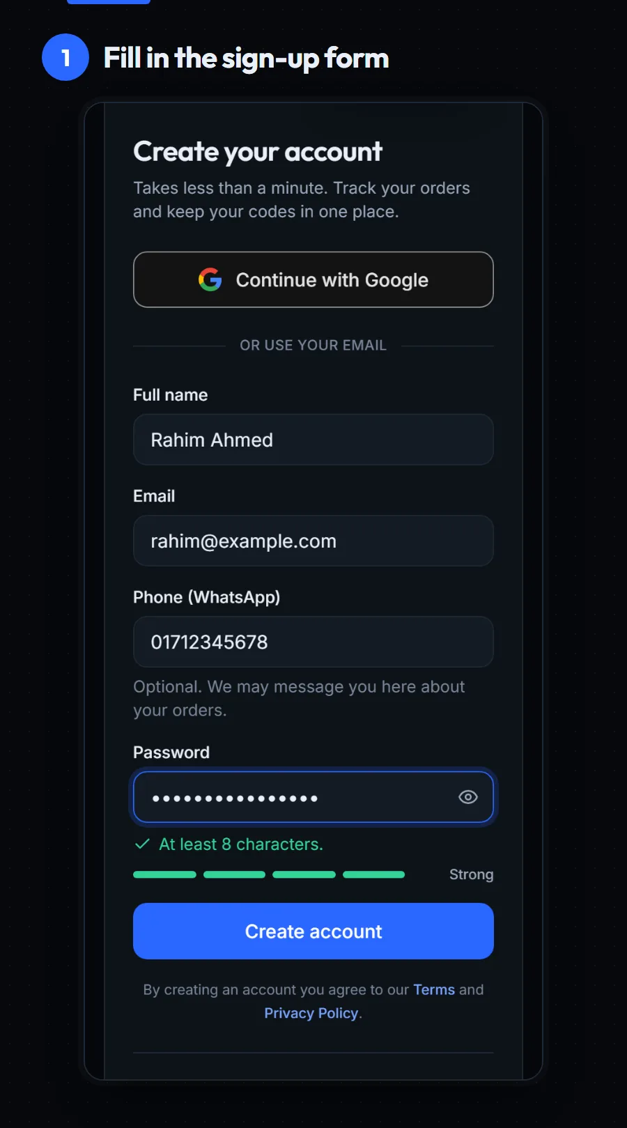 Create your account form on a phone: Continue with Google button, then Full name, Email, Phone (WhatsApp) and Password fields with a strength bar
