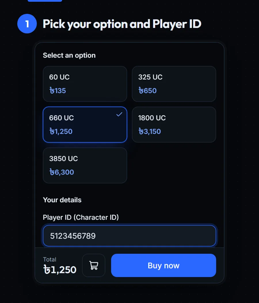 PUBG Mobile product page on a phone: the 660 UC option is selected and a Player ID is typed in